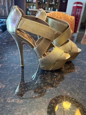 Gold Strappy Platform High Heel Sandals - Women's